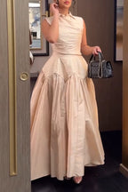 Women Collar Splicing Waist Cinching Elegant Temperament Maxi Dresses