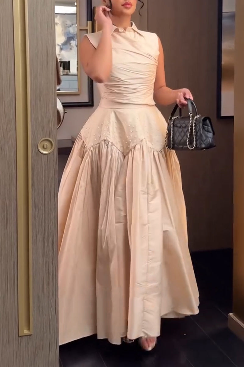 Women Collar Splicing Waist Cinching Elegant Temperament Maxi Dresses