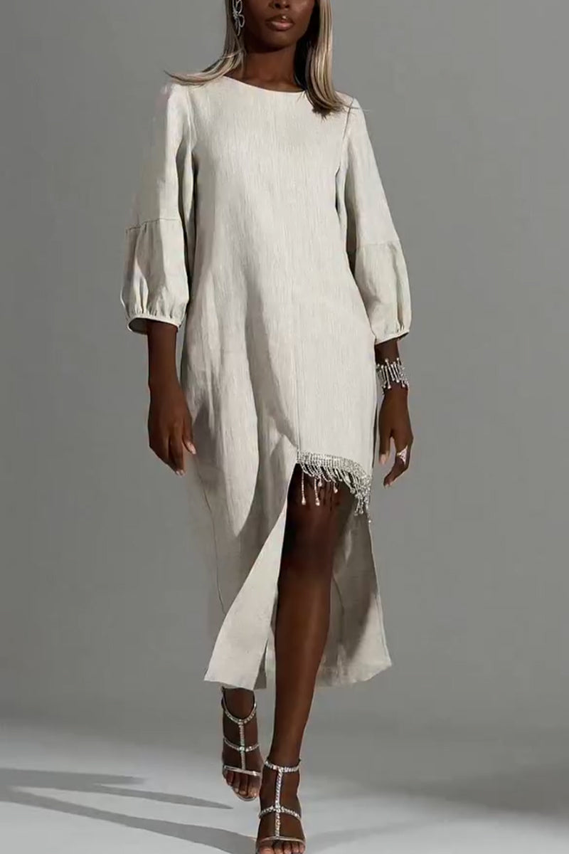 Women Round Neck Patchwork Tassel Irregular Elegant Casual Cotton and Linen Dress