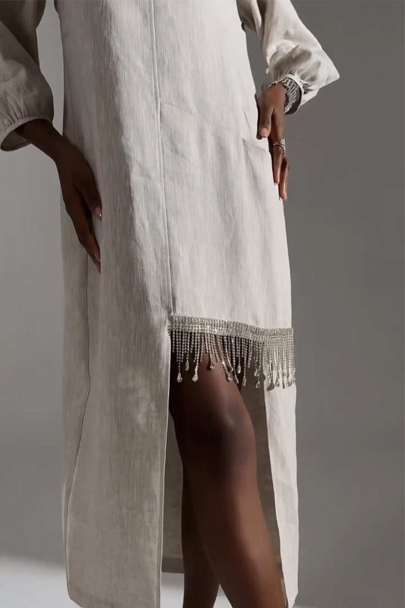 Women Round Neck Patchwork Tassel Irregular Elegant Casual Cotton and Linen Dress