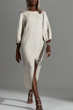 Women Round Neck Patchwork Tassel Irregular Elegant Casual Cotton and Linen Dress