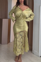 Women Collar Shirt+ Patchwork Lace Pattern Skirt Elegant Temperament Set