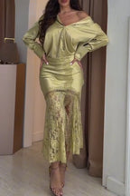 Women Collar Shirt+ Patchwork Lace Pattern Skirt Elegant Temperament Set