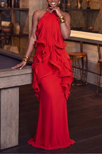 Women's Fashion Backless Ruffle Maxi Dress