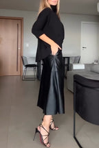 Women Temperament High Neck Top or Spliced Leather Skirt
