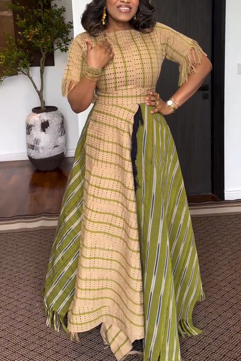 Women Round Neck Contrasting Color Splicing Waist Cinching Elegant Casual Maxi Dresses
