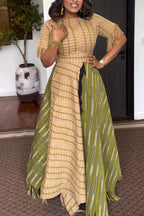 Women Round Neck Contrasting Color Splicing Waist Cinching Elegant Casual Maxi Dresses