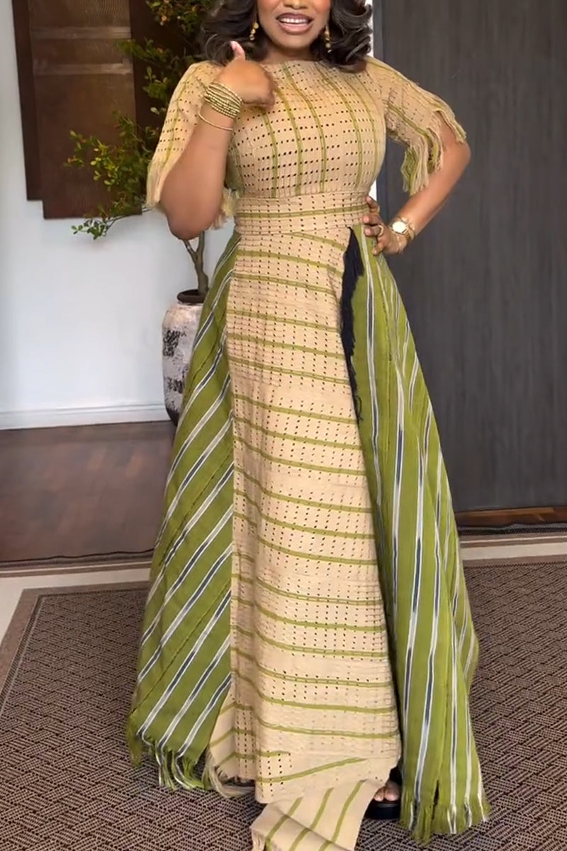 Women Round Neck Contrasting Color Splicing Waist Cinching Elegant Casual Maxi Dresses