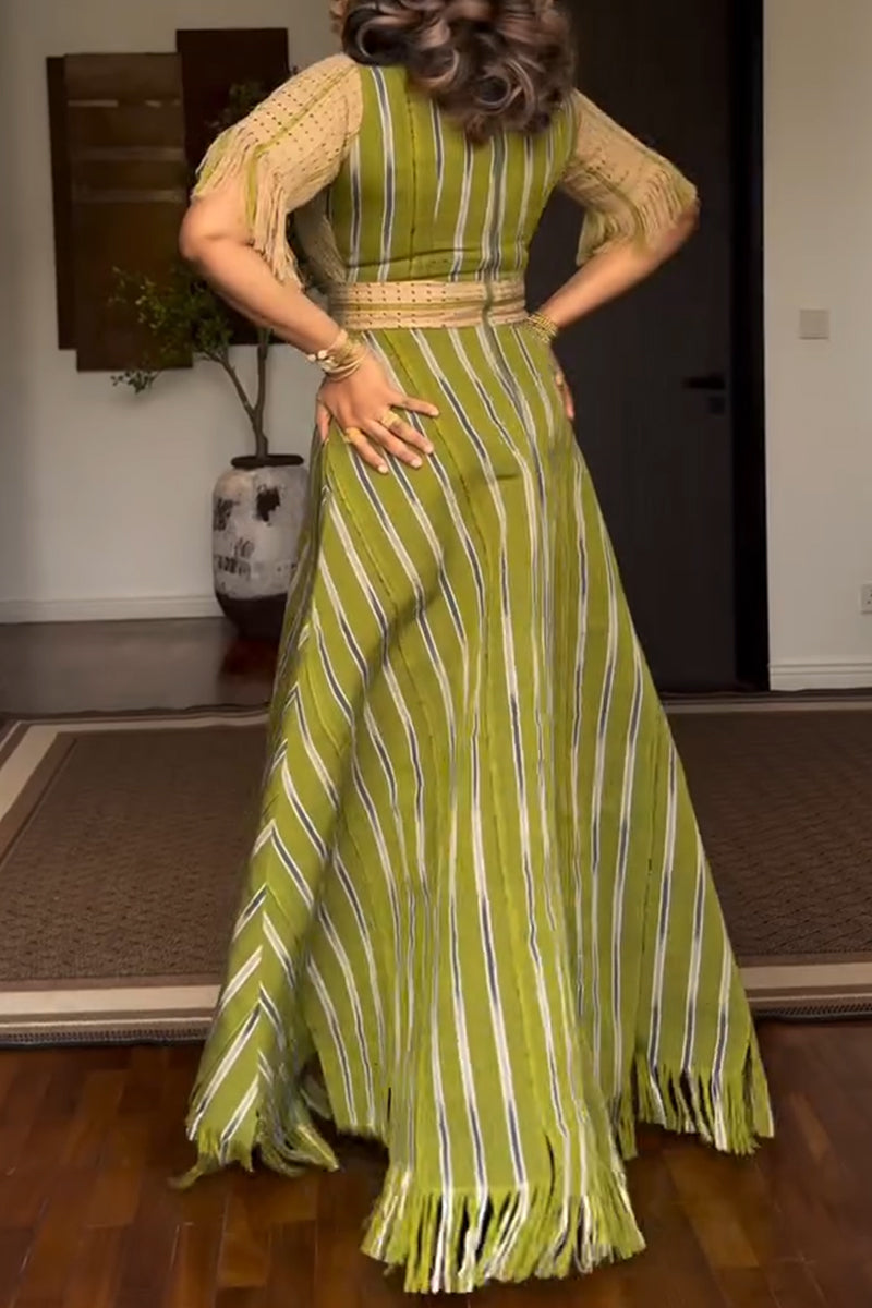 Women Round Neck Contrasting Color Splicing Waist Cinching Elegant Casual Maxi Dresses