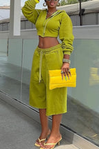 Women's Casual Fleece Cropped Hoodie Drawstring Hood Long Sleeve Sweat Top Or Daily Lounge High Waist Drawstring Wide Leg Capri Sweat Pants