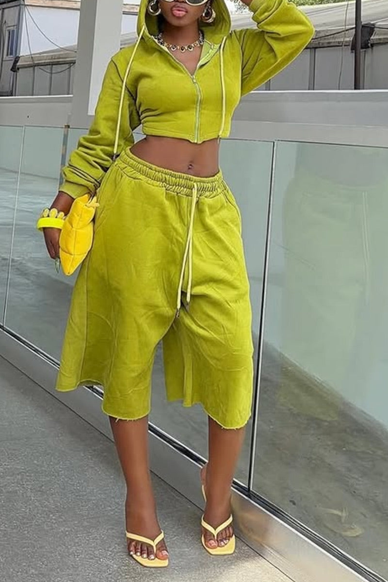 Women's Casual Fleece Cropped Hoodie Drawstring Hood Long Sleeve Sweat Top Or Daily Lounge High Waist Drawstring Wide Leg Capri Sweat Pants