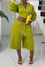 Women's Casual Fleece Cropped Hoodie Drawstring Hood Long Sleeve Sweat Top Or Daily Lounge High Waist Drawstring Wide Leg Capri Sweat Pants