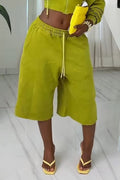 Women's Casual Fleece Cropped Hoodie Drawstring Hood Long Sleeve Sweat Top Or Daily Lounge High Waist Drawstring Wide Leg Capri Sweat Pants