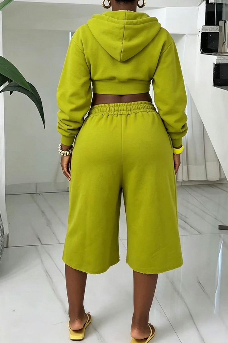 Women's Casual Fleece Cropped Hoodie Drawstring Hood Long Sleeve Sweat Top Or Daily Lounge High Waist Drawstring Wide Leg Capri Sweat Pants
