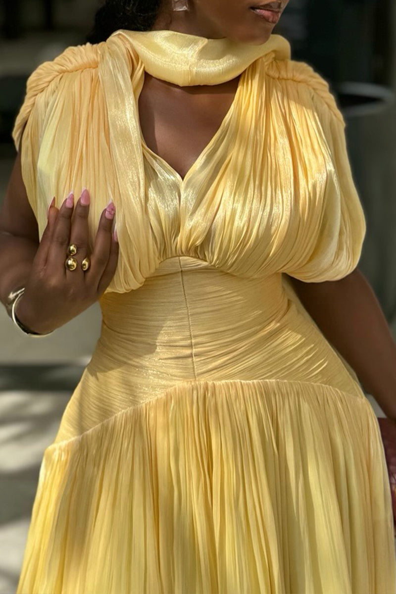 Women's Elegant Shimmer Pleated Waist Defined Dress