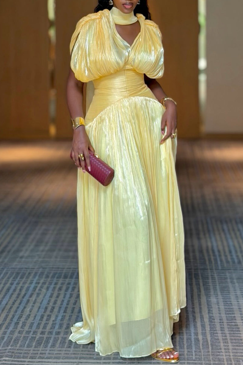Women's Elegant Shimmer Pleated Waist Defined Dress