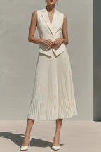 Women Collar Sleeveless Top+ Pleated Skirt Elegant Temperament Commuting Set