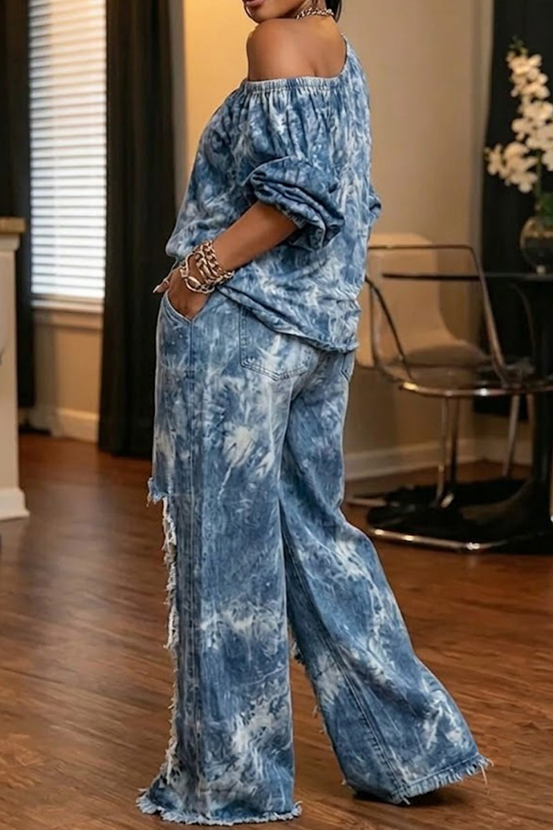 Women's Casual One Shoulder Puff Sleeve Denim Top or Distressed Ombré Street Style Jeans