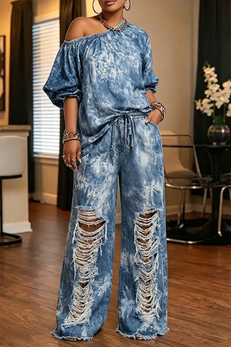 Women's Casual One Shoulder Puff Sleeve Denim Top or Distressed Ombré Street Style Jeans