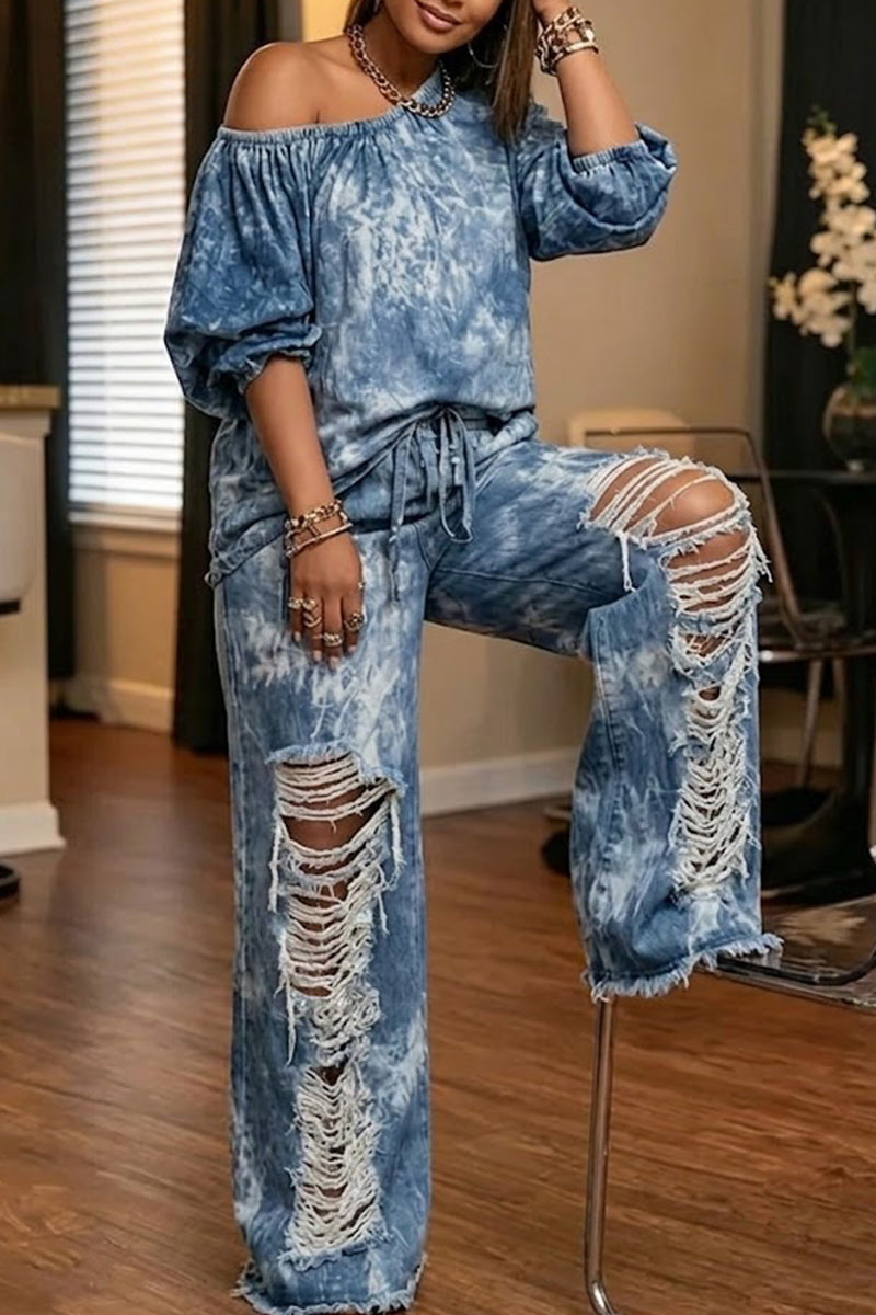 Women's Casual One Shoulder Puff Sleeve Denim Top or Distressed Ombré Street Style Jeans