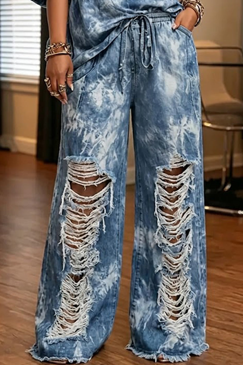 Women's Casual One Shoulder Puff Sleeve Denim Top or Distressed Ombré Street Style Jeans
