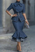 Women's Elegant Blouse With Bow Tie Detail Or Denim Pencil Skirt