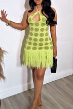Women's Casual Polka Dot Fringe Hem Knit Stretch Dress