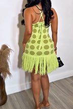 Women's Casual Polka Dot Fringe Hem Knit Stretch Dress