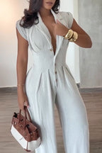 Women's Casual Lapel Button-Front Wide Leg Jumpsuit