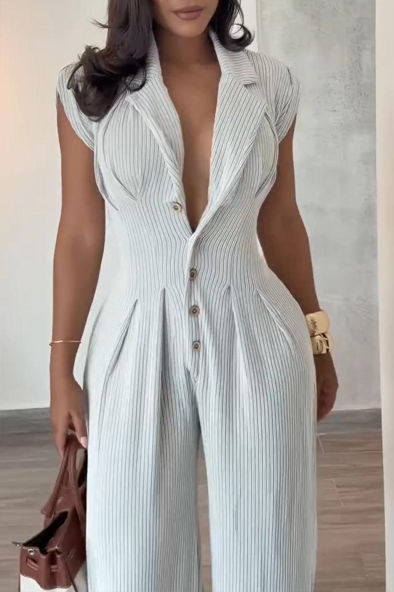 Women's Casual Lapel Button-Front Wide Leg Jumpsuit