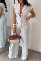 Women's Casual Lapel Button-Front Wide Leg Jumpsuit