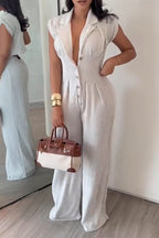 Women's Casual Lapel Button-Front Wide Leg Jumpsuit
