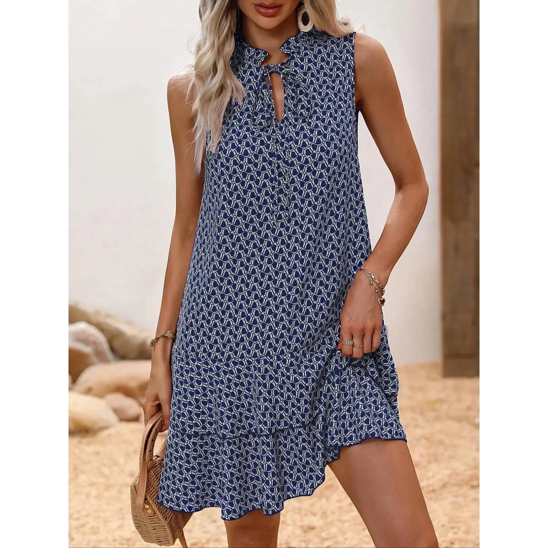 Robe Femme à Imprimé Géométrique et Nœud Papillon, Jupe Étages Superposés, Tenue Décontractée Printemps-Été, Coupe Cintrée Courte Sans Manches