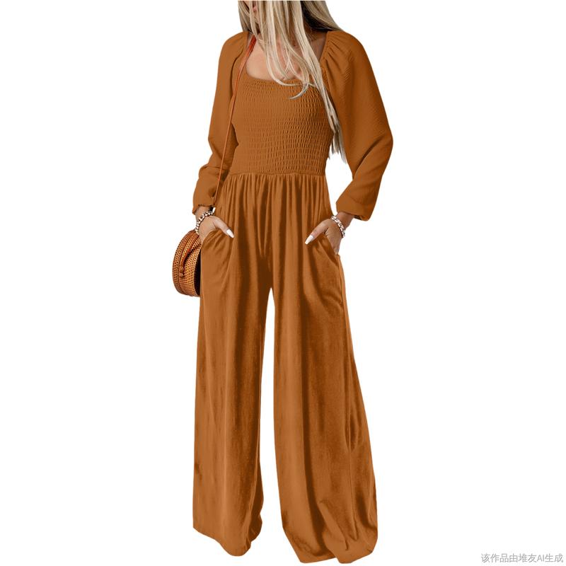 Salopette ample décontractée pour femme, combinaison une pièce à manches longues, jambes larges, pantalon long, barboteuse avec poches
