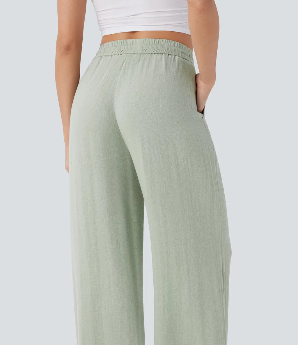 Casual High-Waisted Linen Trousers with Drawstring and Wide Pockets