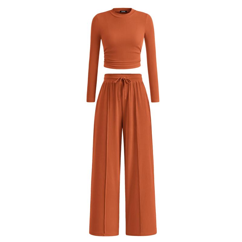 Ensemble de salon assorti 2 pièces en tricot côtelé : haut court à manches longues et pantalon large