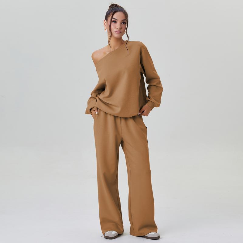 Ensemble deux pièces décontracté pour femme, couleur unie, haut à manches longues et épaule tombante, et pantalon large, confortable, décolleté rond, ample, basique.