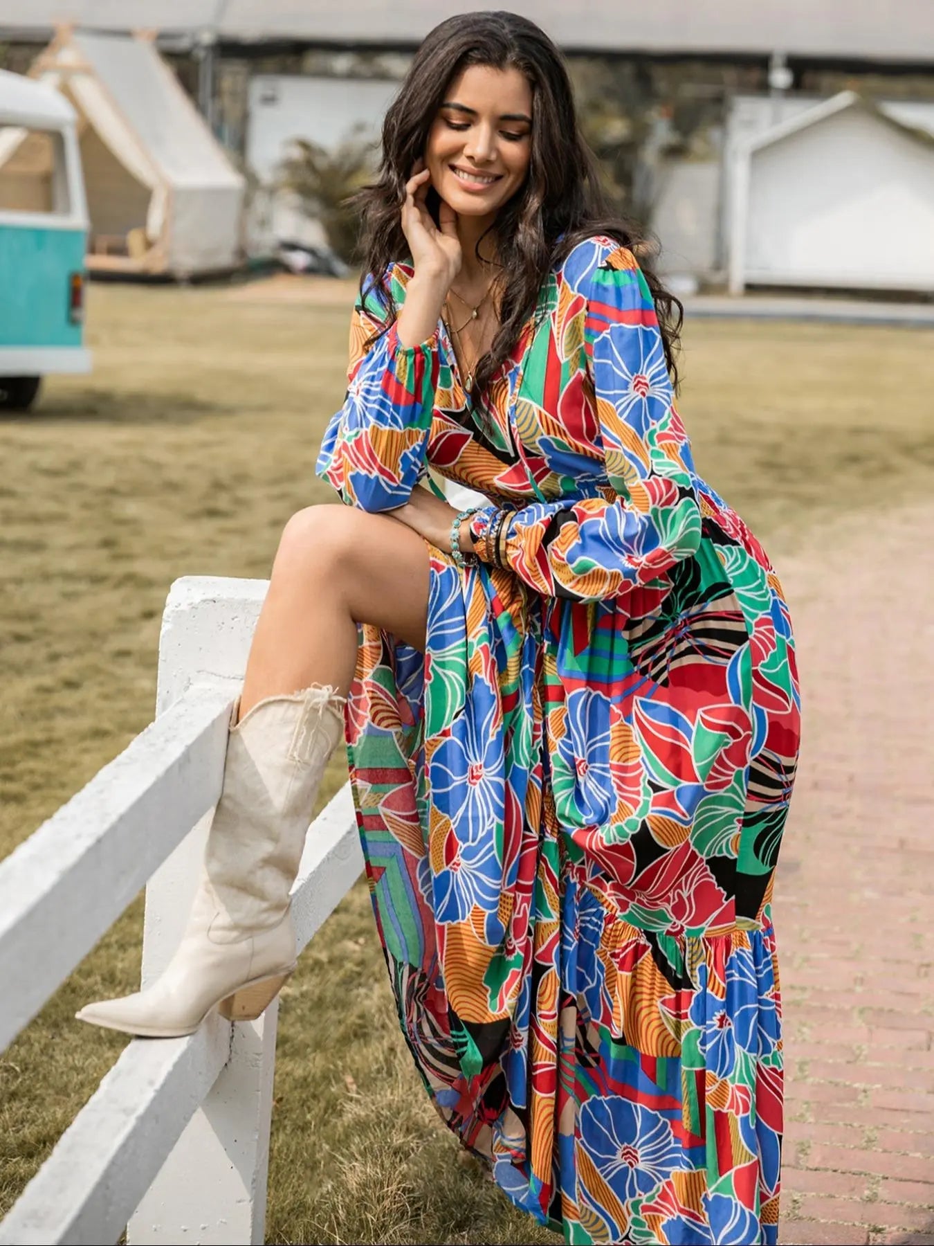 Robe longue tissée à manches longues pour femme style bohème, imprimé cachemire, taille ajustée, confortable, décontractée et élégante pour toutes les saisons, parfaite pour la plage
