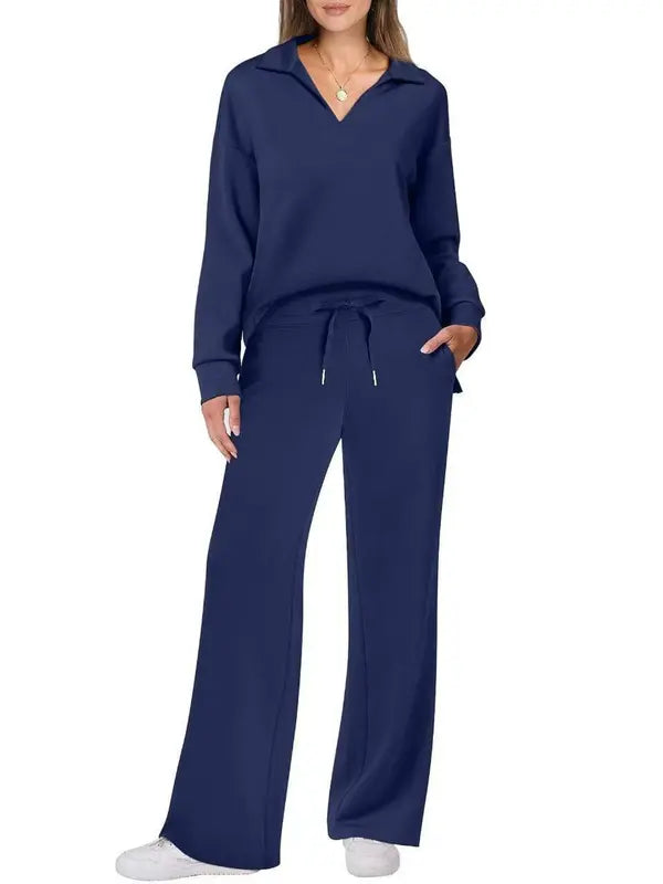 Ensemble de pantalon et haut à manches longues avec cordon de serrage pour femme, décontracté automne-hiver, couleur unie à la mode, tenue de ville, style