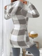 Women's  Plaid & Fluffy Trim Zip Front Hoodie Jacket, Ladies Casual In Fall/Winter