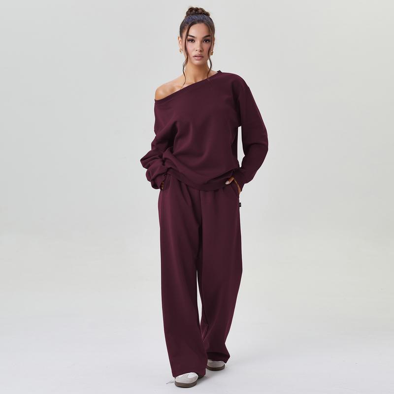 Ensemble deux pièces décontracté pour femme, couleur unie, haut à manches longues et épaule tombante, et pantalon large, confortable, décolleté rond, ample, basique.