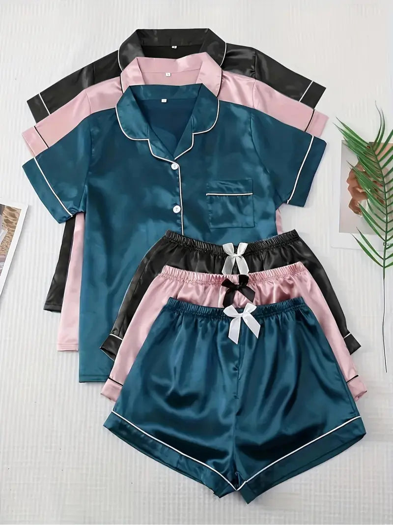 Ensemble de pyjama pour femme de couleur unie avec nœud contrastant, chemise à manches courtes boutonnée avec col à revers et short, pyjama d'été pour femme et vêtements de détente