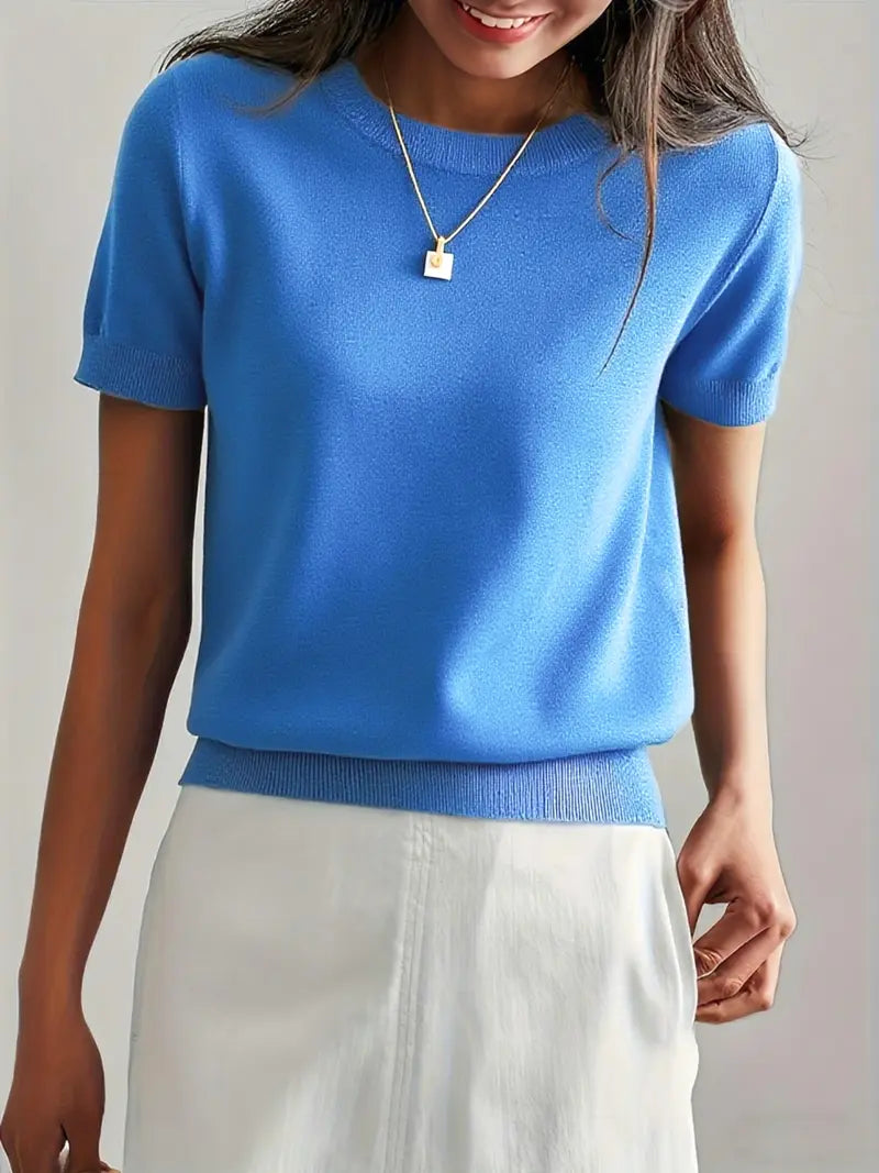 Pull en maille unie à col rond et manches courtes pour femme, tricot basique décontracté pour le printemps et l'automne, vêtements en tricot tendance pour femme pour le quotidien, prêt-à-porter féminin