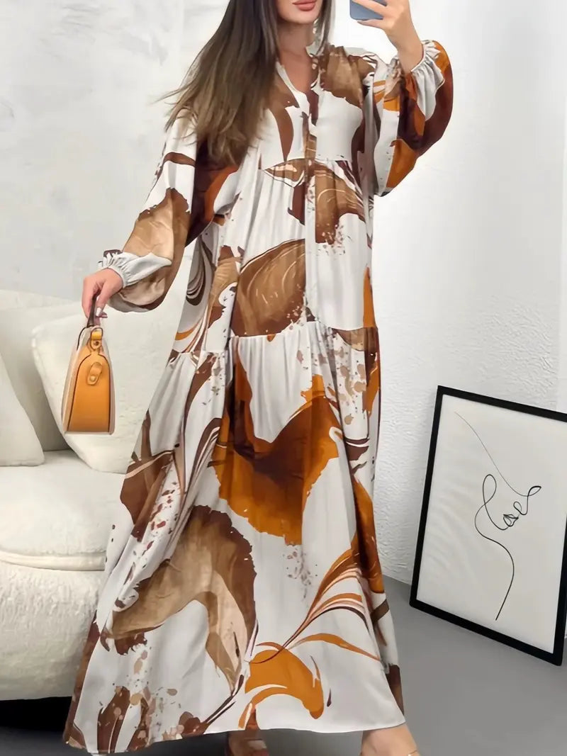 Robe longue florale à manches longues 2026, robe longue décontractée polyvalente à col en V, coupe ample style élégant pour femmes