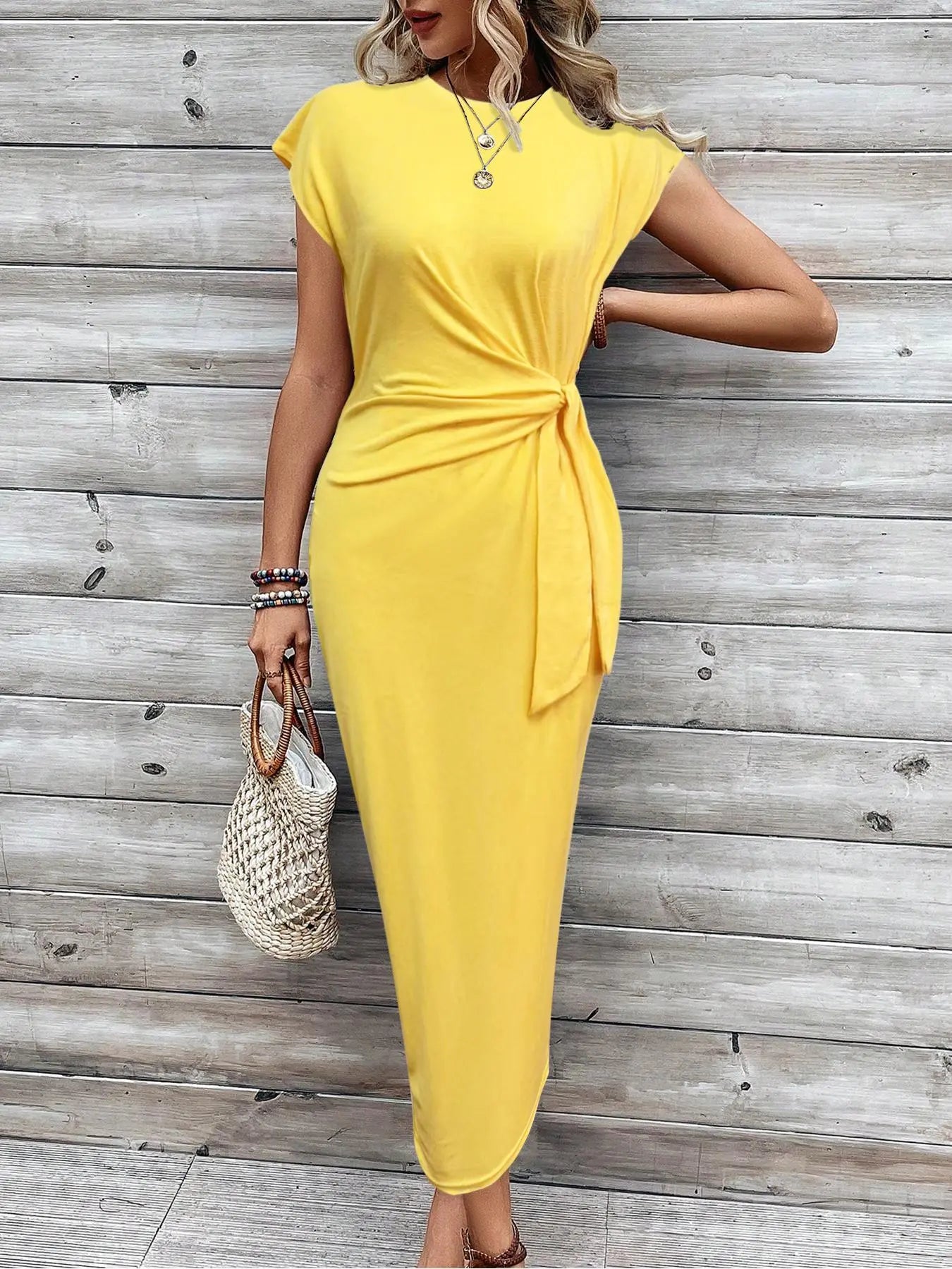 Robe décontractée pour femme à manches chauve-souris, unie, rayée ou à imprimé intégral avec nœud, col rond, manches courtes, longue, idéale pour les vacances à la plage.