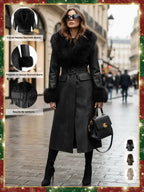 Women's Fall Winter Long Windproof Waterproof Jacket Coat, Comfortable Faux Fur Collar, Thick PU Leather, Slim Fit with Belted Design