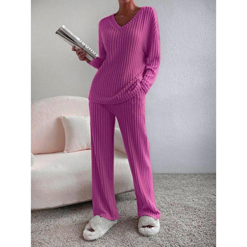 Ensemble de détente solide pour femmes avec poches et épaules tombantes, haut décontracté à manches longues et col en V et pantalon à jambes droites, ensemble deux pièces pour femmes, pyjama