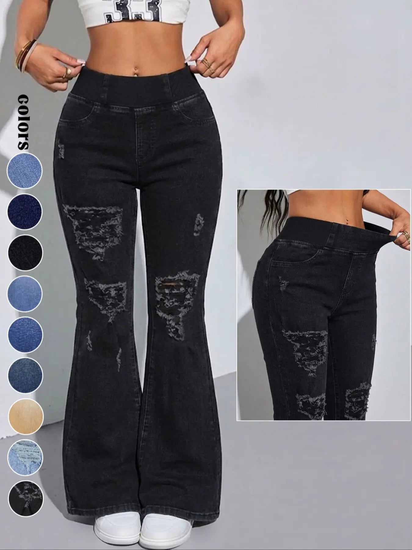 Jeans évasés Y2K 2026 pour femmes, taille élastique mi-haute, avec poches, délavage bleu clair, jeans pattes d'éléphant jambes larges pour femmes, taille ajustée