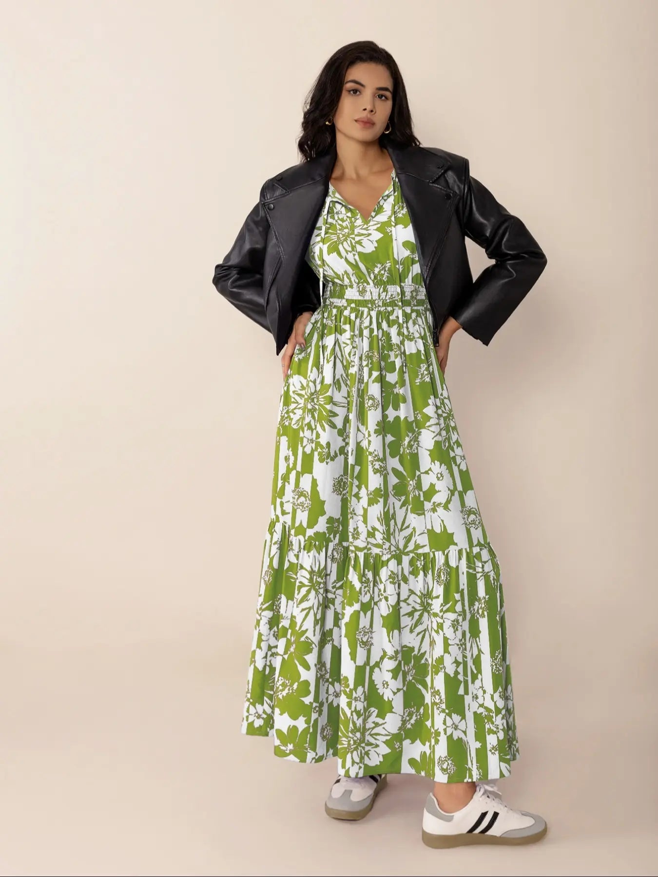 Robe bohème à imprimé floral pour femme, manches lanternes, taille ajustée à nouer, coupe ample confortable à manches longues pour l'automne et l'hiver
