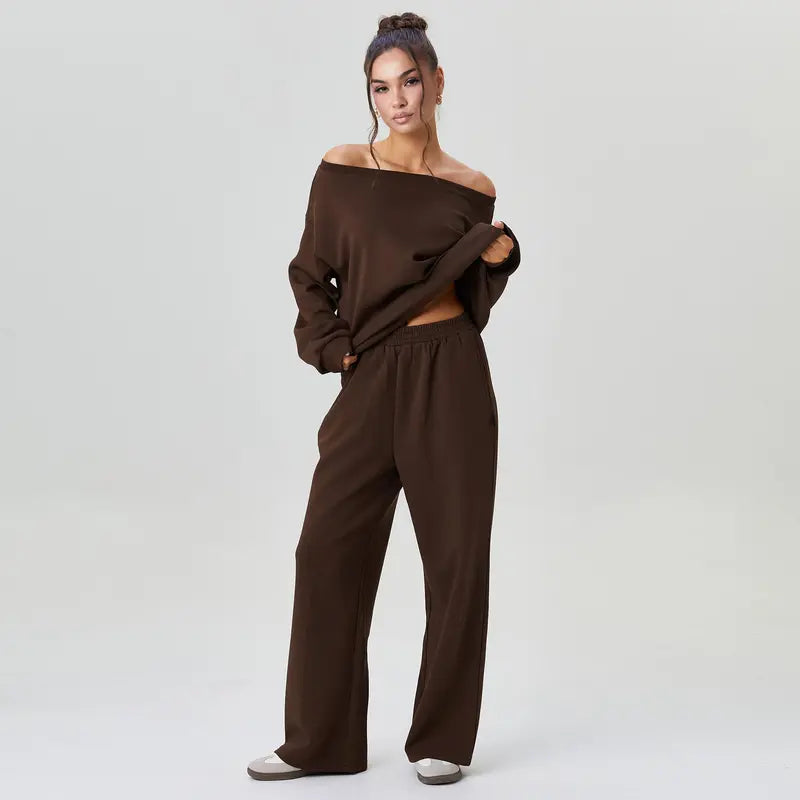Ensemble deux pièces décontracté pour femme, couleur unie, haut à manches longues et épaule tombante, et pantalon large, confortable, décolleté rond, ample, basique.